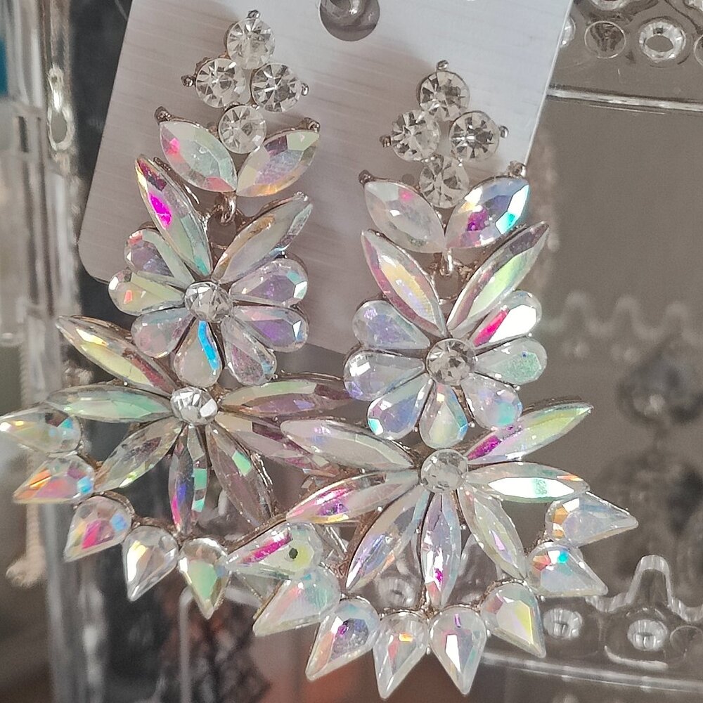 Iridescent Crystal Floral Chandelier Earrings – Statement Bridal Party Jewelry